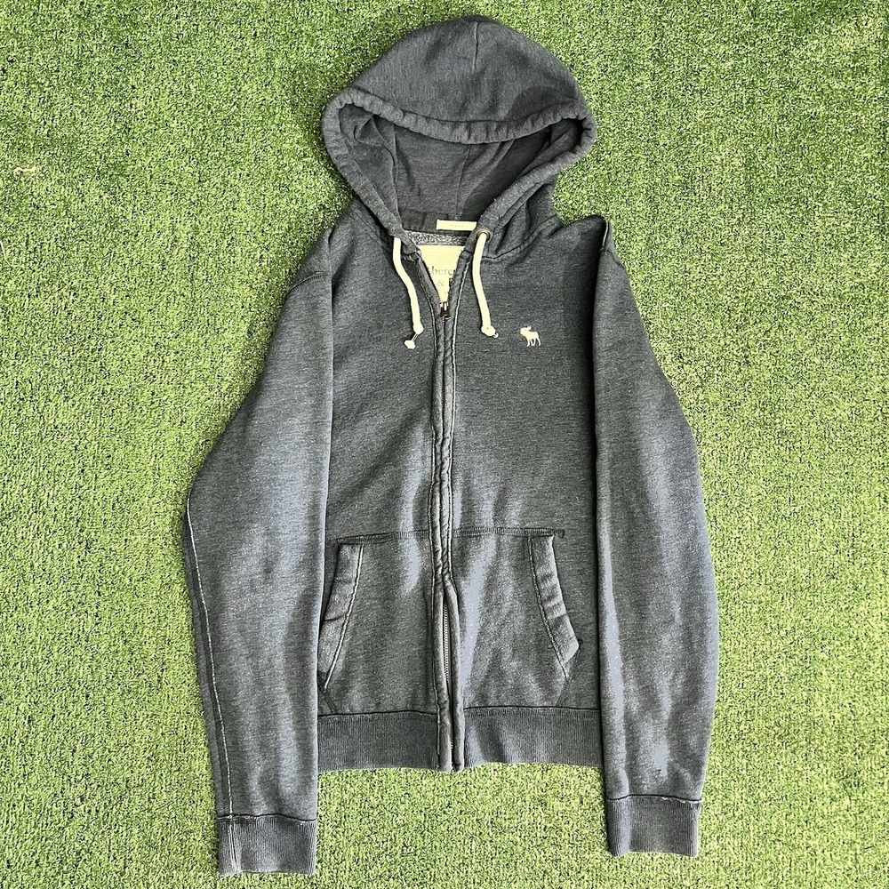 Abercrombie & Fitch Mens Large Navy Blue Muscle Fit Full Zip Hoodie Moose Logo
